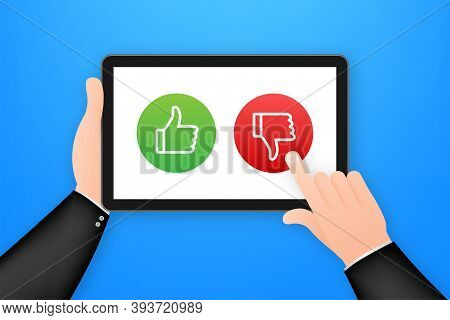Rating Of Mobile App. Human Hands Are Holding. Tablet With Yes And No Buttons. Vector Stock Illustra