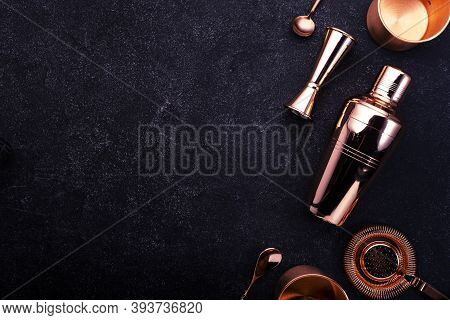 Copper Bar Tools And Accessories For Making Cocktail. Shaker, Jigger, Strainer, Spoon. Alcohol Drink