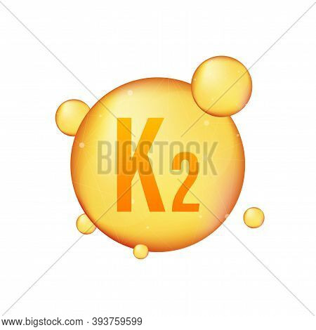 Vitamin K2 Gold Shining Icon. Ascorbic Acid. Vector Illustration