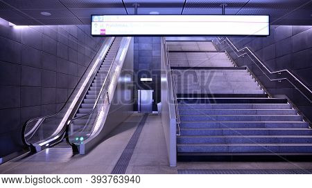 Warsaw, Poland. 8 November 2020. Warsaw Metro Station Interior. View Of Empty Metro Station