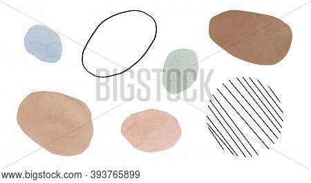 Neutral Aestetic Shapes Set With Black Lines And Watercolour Blots. Mid Century Designs For Mixed Me