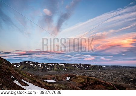 On The Left Side Of Lakagigar Volcanic Fissure At Sunset, Iceland