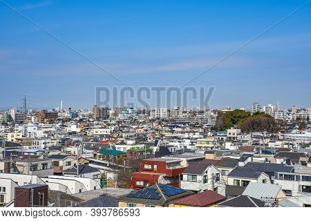 Skyline In Setagaya Ward In Sunny Day With Blue Sky, Tokyo, Japan