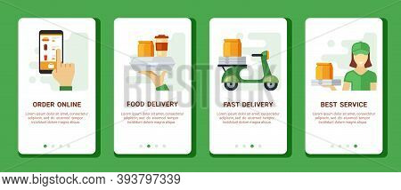 Order And Delivery Snacks Mobile Banner. Finger Taps Menu Selection Screen Fast Food Preparation And