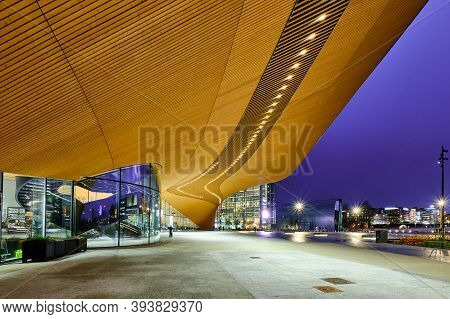 Helsinki, Finland - November 4, 2020: The Main Entrance Of The Oodi Library. Modern Nordic Architect