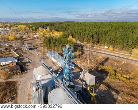 Aerial Drone View Modern Steel Agricultural Grain Granary Silos Cereal Storage Warehouse Loading Car