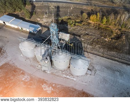 Aerial Drone View Modern Steel Agricultural Grain Granary Silos Cereal Storage Warehouse Loading Car