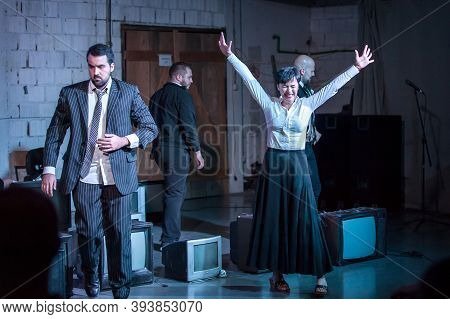 Theater Actor Artists On Stage Perform Play For Audience. Public Performance. Theatre Scene