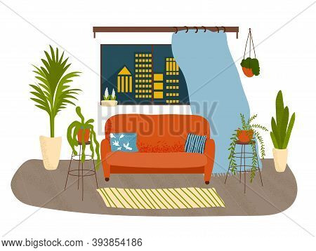 Beautiful Living Room With Lots Of Plants, Scandi Style. Hand-drawn With Noise Texture.