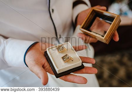 Grooms Cufflinks In A Box, Elegant Male Gold Cufflinks. Wedding Preparation Morning Of The Groom. Me