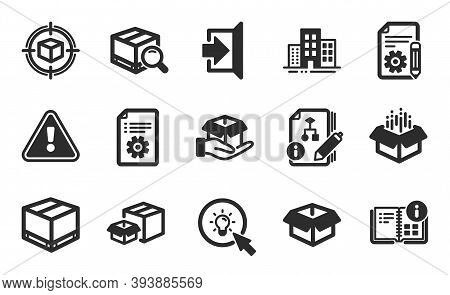 Technical Documentation, Search Package And Exit Icons Simple Set. Algorithm, Documentation And Open