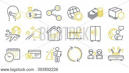 Set Of Line Icons, Such As Medical Mask, Savings, Salary Symbols. Wifi, Globe, People Communication 