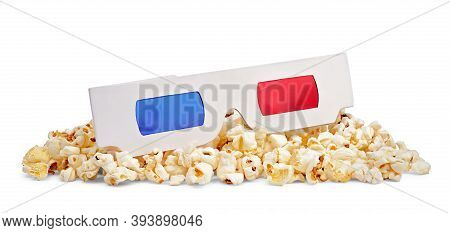 Pile Of Delicious Popcorn And 3d Glasses Isolated On White Background. Cinema Concept.