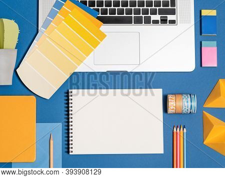 Home Office Flat Lay For Self Employed Freelance Girl. Bloggers Minimalist Workplace With Color Samp