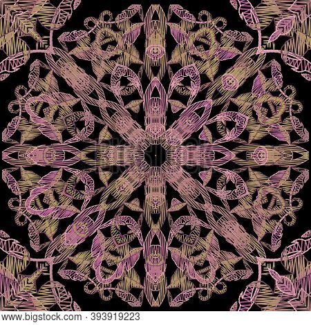 Embroidery Baroque Vector Seamless Pattern. Colorful Floral Grunge Background. Tapestry Wallpaper. L