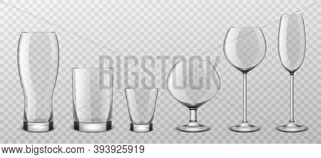 Alcoholic Drinks Realistic Glass Glasses. Realistic Alcohol Cocktail, Wine Crystal Stemware, Beer Go