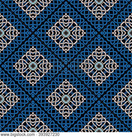 Lines Seamless Pattern. Celtic Ornament. Repeat Curved Lines Grid Backdrop. Ethnic Tribal Waffled Li