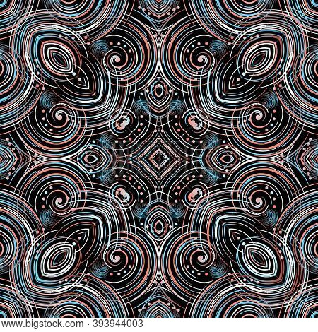 Colorful Spiral Lines Vector Seamless Pattern. Ornamental Gepmetric Background. Repeat Decorative Mo