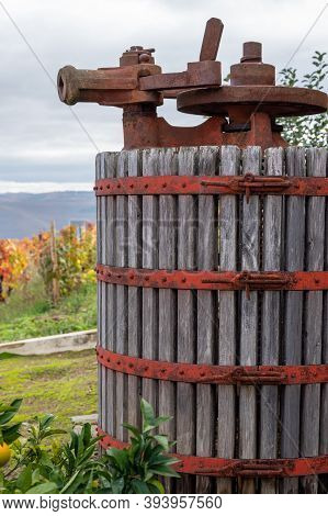 Winemaking In Oldest Wine Region In World Douro Valley In Portugal, Old Wine Press, Production Of Re