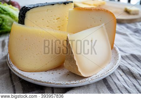 Cheese Collection, French Fol Epi  Cheese With Many Little Holes, Etorki, Tomme Noire Des Pyrenees A