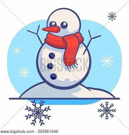 Snowman, Snowflakes On White Isolated Backdrop. Christmas Holiday Postcard For Invitation Or Gift Ca