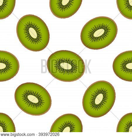 Cute Kiwi Seamless Pattern On A White Background. Fluffy Half Kiwi Fruits In Bright Colors. Vector I