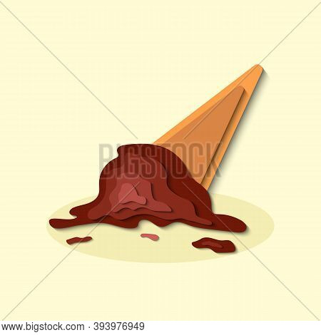 Spill Chocolate Ice Cream Cone Fall Down Vector Illustration With Papercut Style