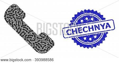 Chechnya Dirty Stamp Seal And Vector Recursive Collage Phone Receiver. Blue Seal Contains Chechnya T
