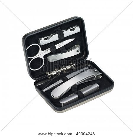 Manicure skórzane etui na białym tle.