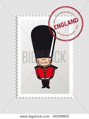 England Cartoon Person Travel Stamp.