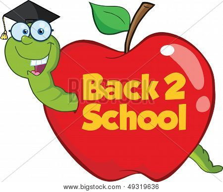 Worm In Red Apple With Graduate Cap,Glasses And Text
