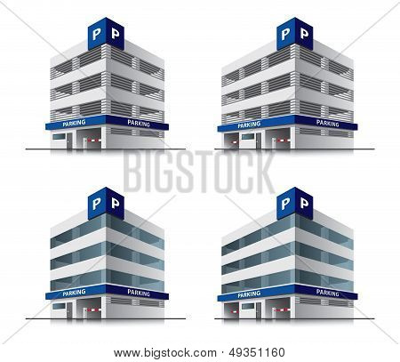 Four cartoon car parking vector buildings