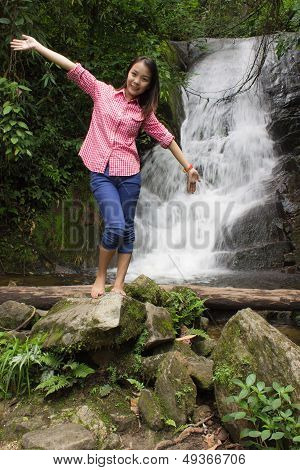 Thai Girl At Siribhum Water Fall In Doi Inthanon , Chiangmai Thailand