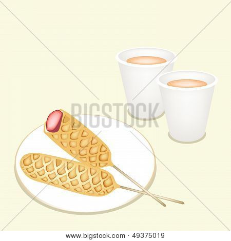 Hot Coffee In Disposable Cup With Corn Dog