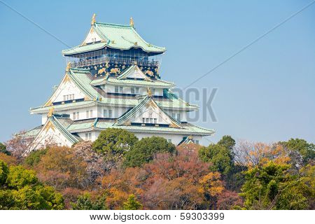 Osaka castle with autumn garden in Kansai Japan