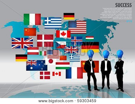 Bulb head man with flag and map background. Vector illustration.