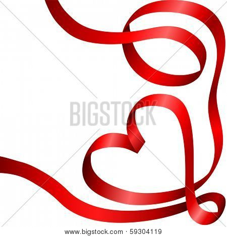 Red decoration ribbon curled in heart shape isolated on white background. 