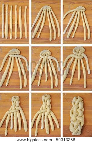 Collection of nine photos how to braid a Challah, sweet bread
