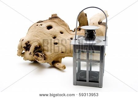 Table lantern with wooden root