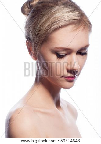 Portrait ob beautiful young woman on white background