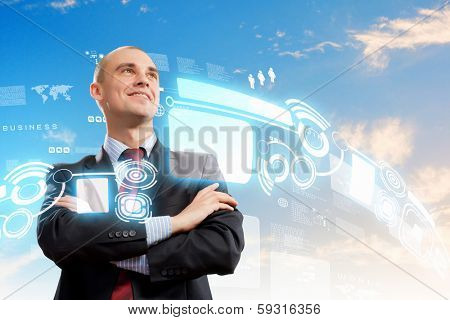 Image of confident businessman smiling standing against hightech background
