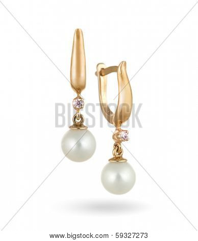 Pair of Beautiful Gold Earrings with Diamonds and Natural Pearls / Isolated on White background