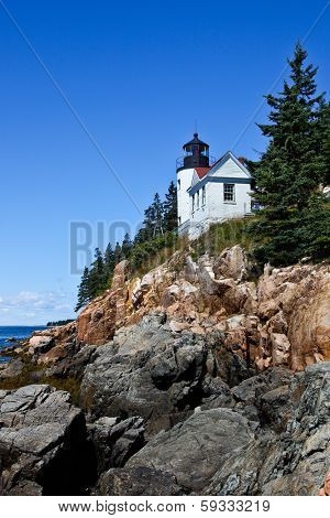 BASS HARBOR-AUGUST 07: Bass Harbor Lighthouse overlooking Atlantic Ocean in Maine, USA on August 07, 2010.