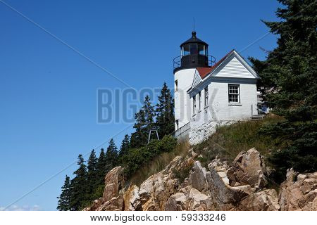 BASS HARBOR-AUGUST 07: Bass Harbor Lighthouse overlooking Atlantic Ocean in Maine, USA on August 07, 2010.