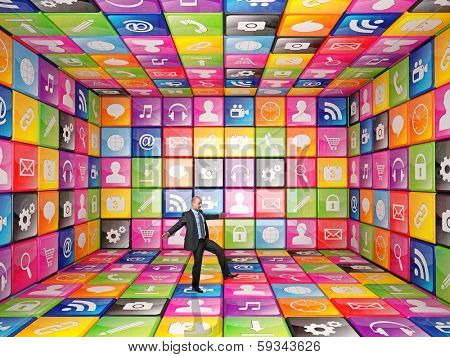 business man and 3d cubes with smart icons