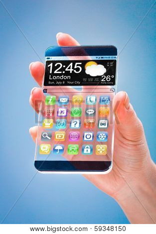 Smartphone (phablet) with a transparent display in human hands on a blue background. Concept actual future innovative ideas and best technologies humanity.