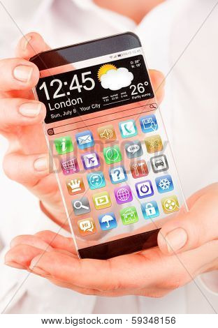 Smartphone (phablet) with a transparent display in human hands. Concept actual future innovative ideas and best technologies humanity.