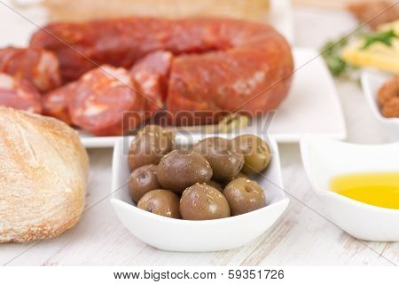 Olives With Chourico, Bread And Olive Oil