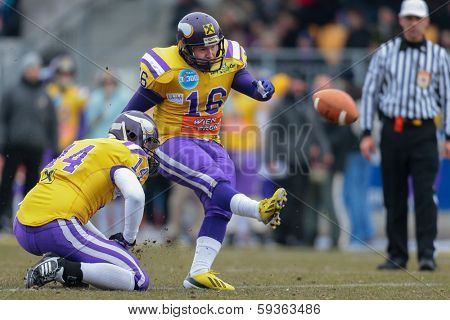 VIENNA,  AUSTRIA - MARCH 24 P Christopher Kappel (#16 Vikings) kicks the ball during the AFL football game on March 24, 2013 in Vienna, Austria.