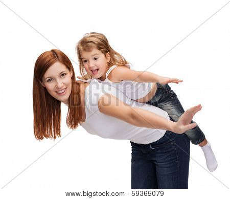 childhood and parenting concept - happy mother and child doing piggy back